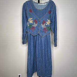 Vtg 90s JANE ASHLEY Medium Denim Maxi Dress Vest‎ Embroidery Cottage Modest Fall